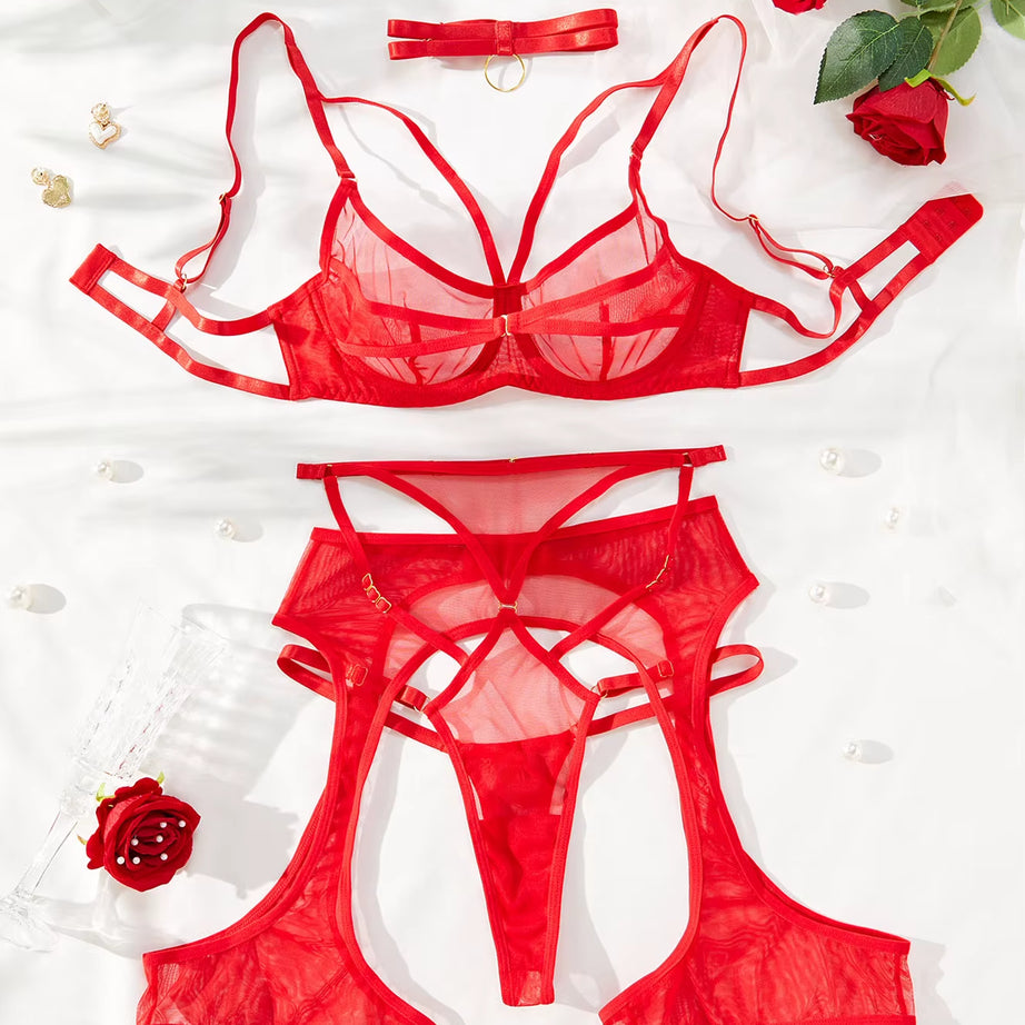 Hot 2024 Fashion Women'S Mesh See-Through Erotic Set Complex Craft Sexy Lingerie Four-Piece Set Onlyfans