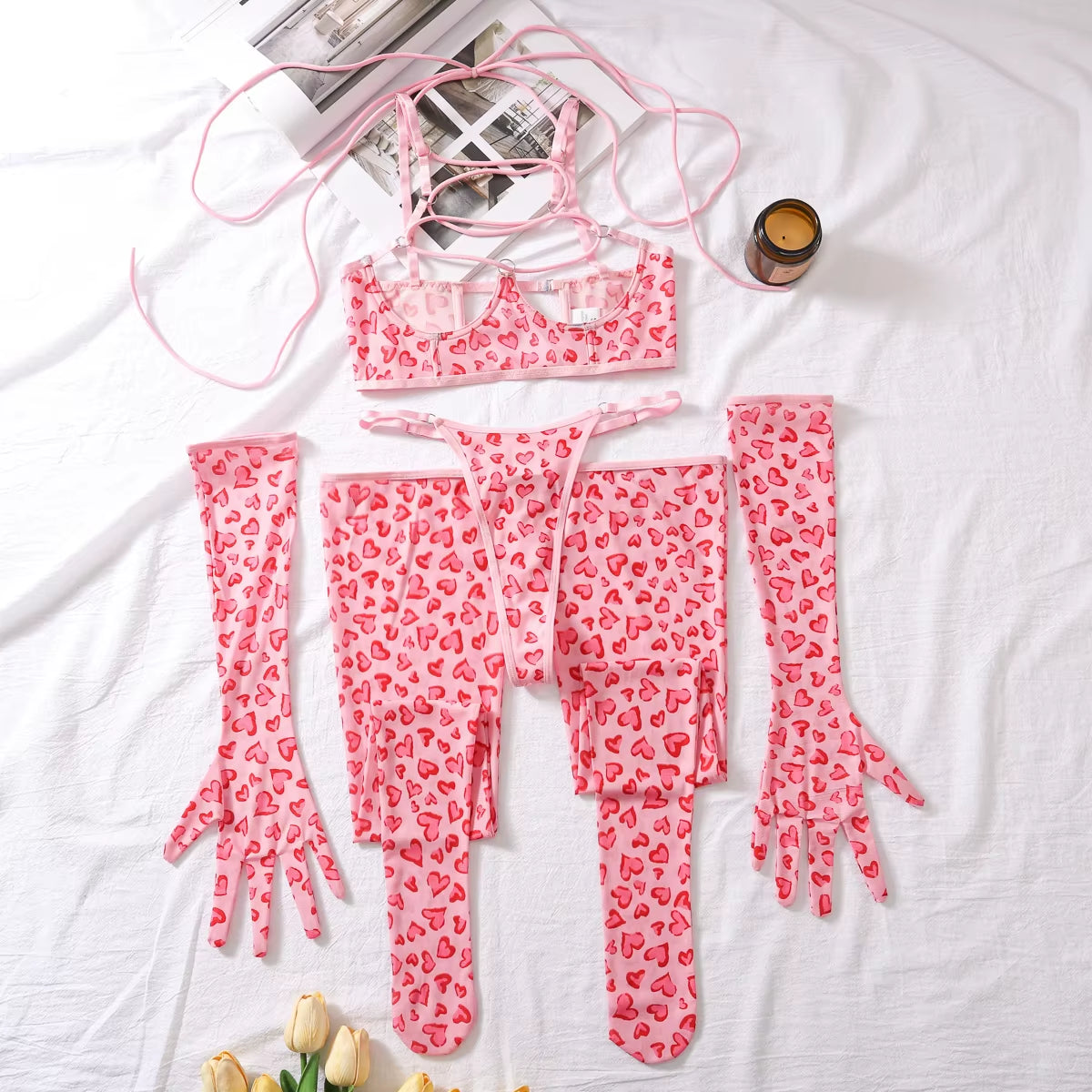 2024 New Erotic Set Cute Girl Leopard Print Mesh Sexy Lingerie Gloves Leggings Four Sets Onlyfans