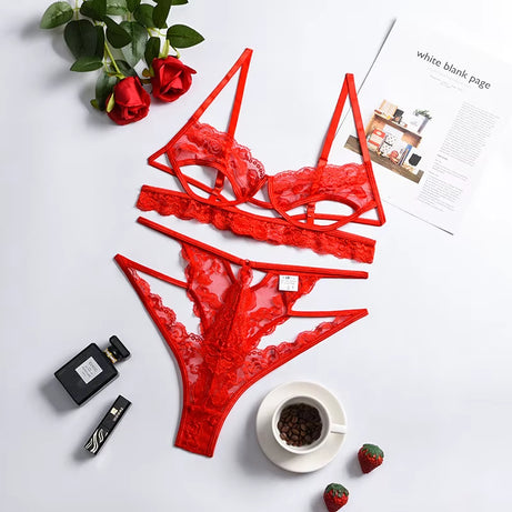 2024 Sexy Santa Bow Porn Red Underwear 3-Piece Hollow Perspective Bra Set Women Sexy Body Solid Thong and Sex Lingerie Ultra Hot