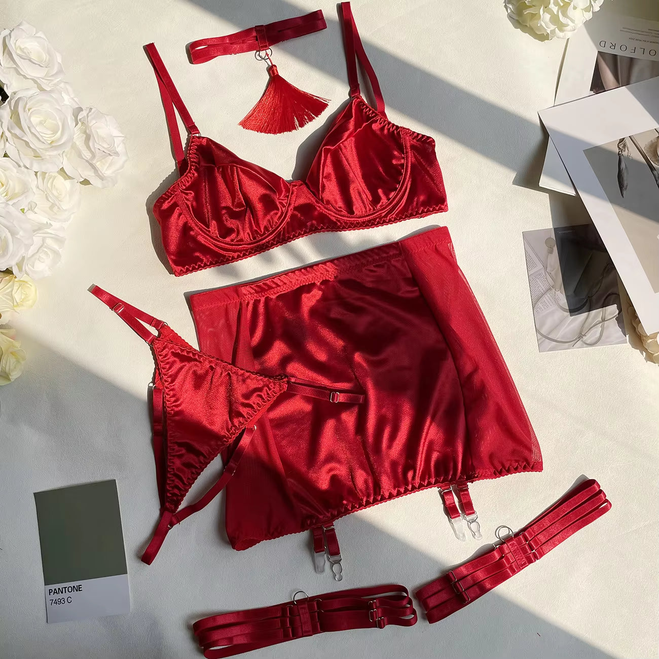 Fine Satin Lingerie Sexy Underwear Lace 5-Piece Sissy Seamless Intimate Uncensored Skirt Fancy Bra and Panty Outfits