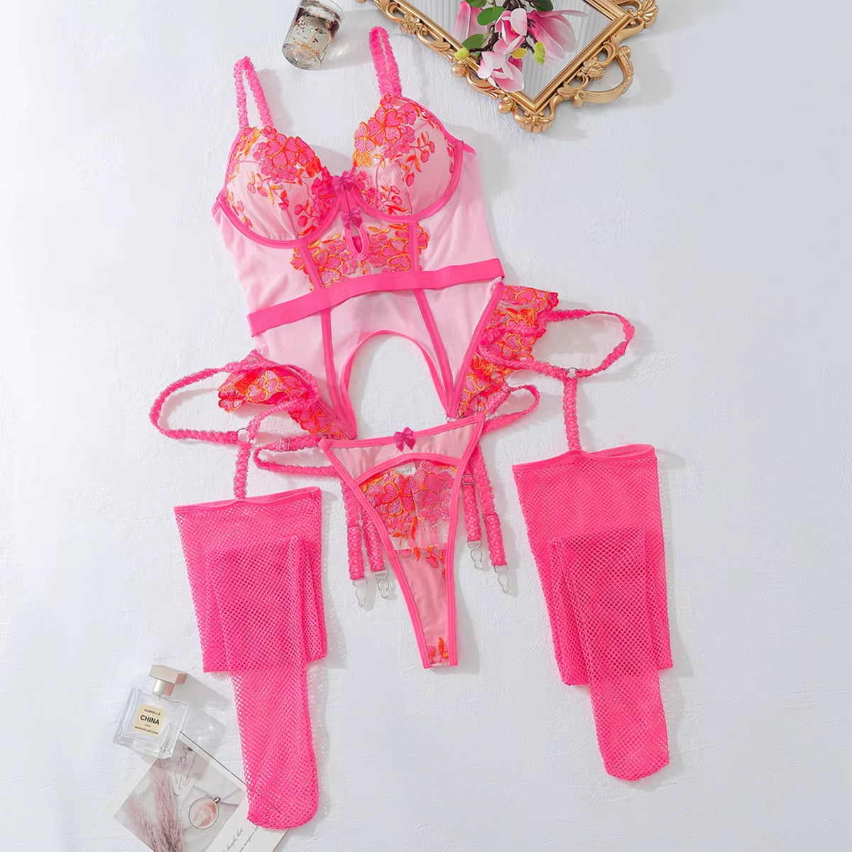 Transparent Tulle Embroidered Bra and Brief Women'S Underwear Set with Stockings Fashion Sexy Lingerie Women Set