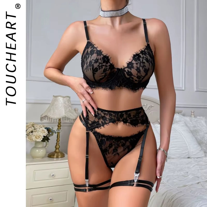Sexy Adult Female Hot Lingerie Women Black Lace Hollow Steel Ring Support for Sexy Interesting Lingerie Five-Piece Set