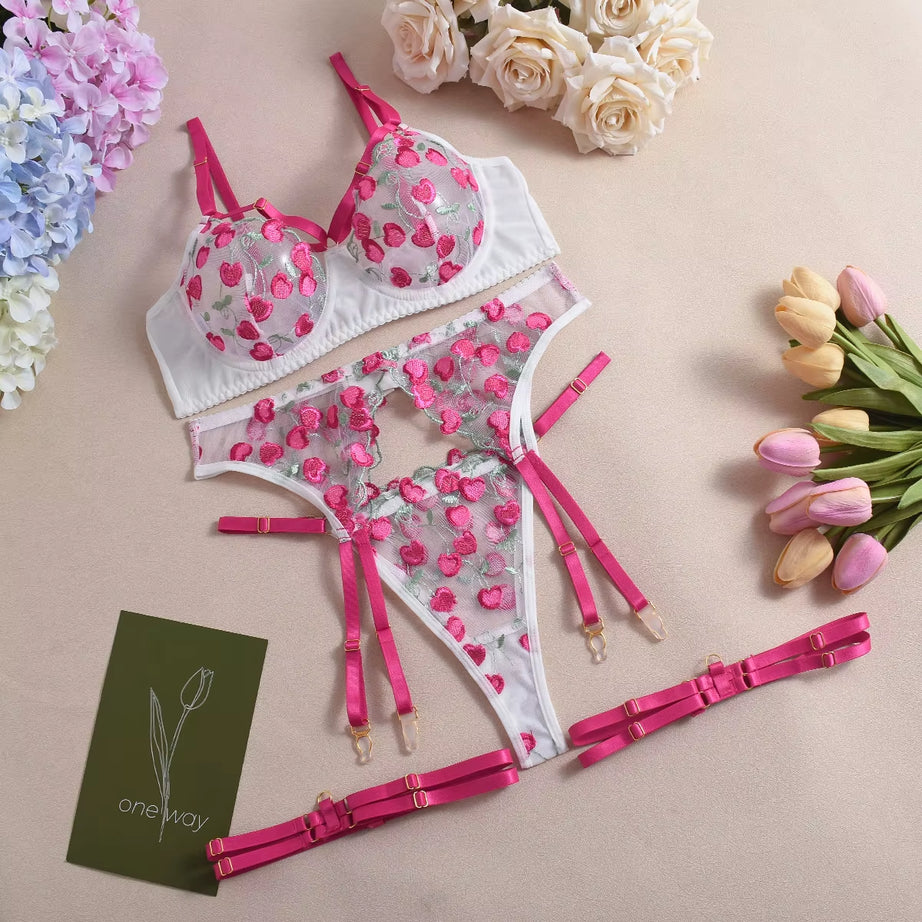Sexy Lingerie Suit for Women Mesh See-Through Embroidery Contrast Color Sexy Temptation 4-Piece Bra Set Sexy Underwear