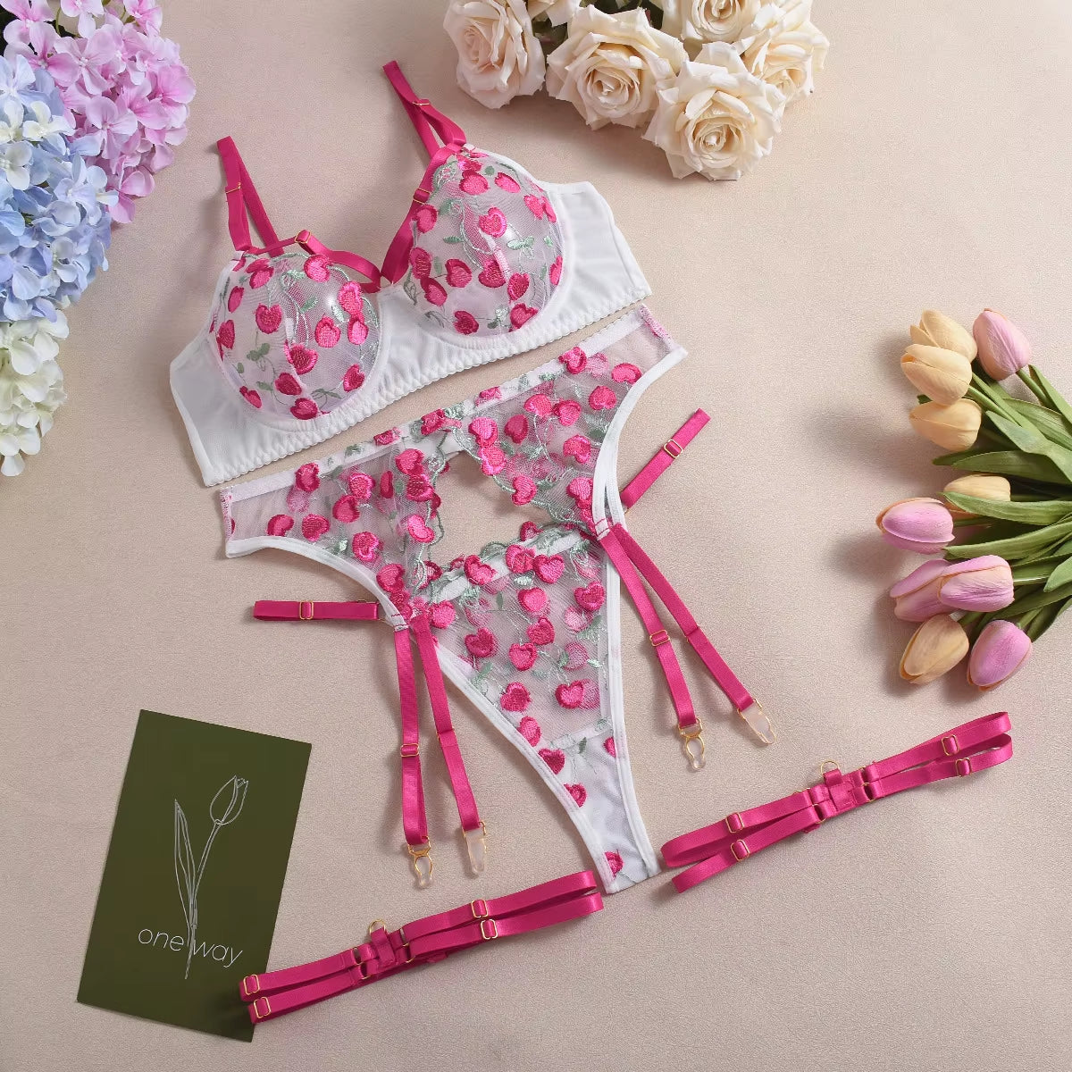 Sexy Lingerie Suit for Women Mesh See-Through Embroidery Contrast Color Sexy Temptation 4-Piece Bra Set Sexy Underwear