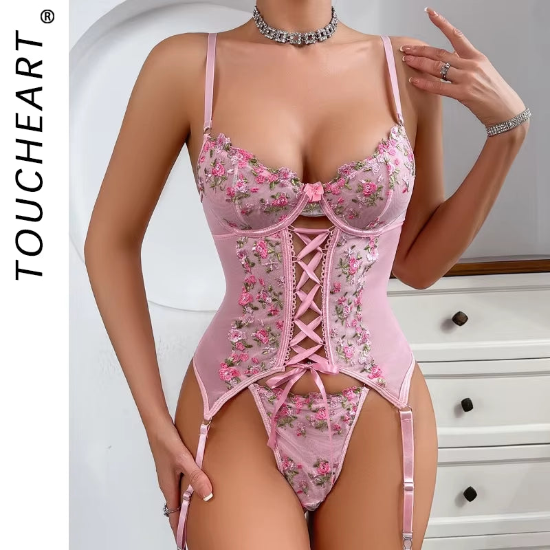Sexy Lingerie Suit for Women Broken Flowers Lingerie Lace up Hollow Out Sexy Embroidery Sling Underwear Garters Set