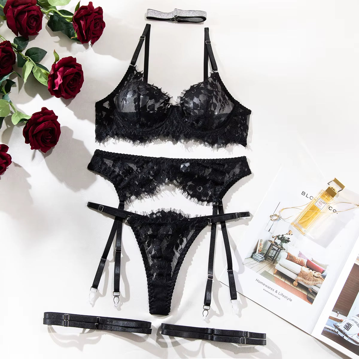 Sexy Adult Female Hot Lingerie Women Black Lace Hollow Steel Ring Support for Sexy Interesting Lingerie Five-Piece Set