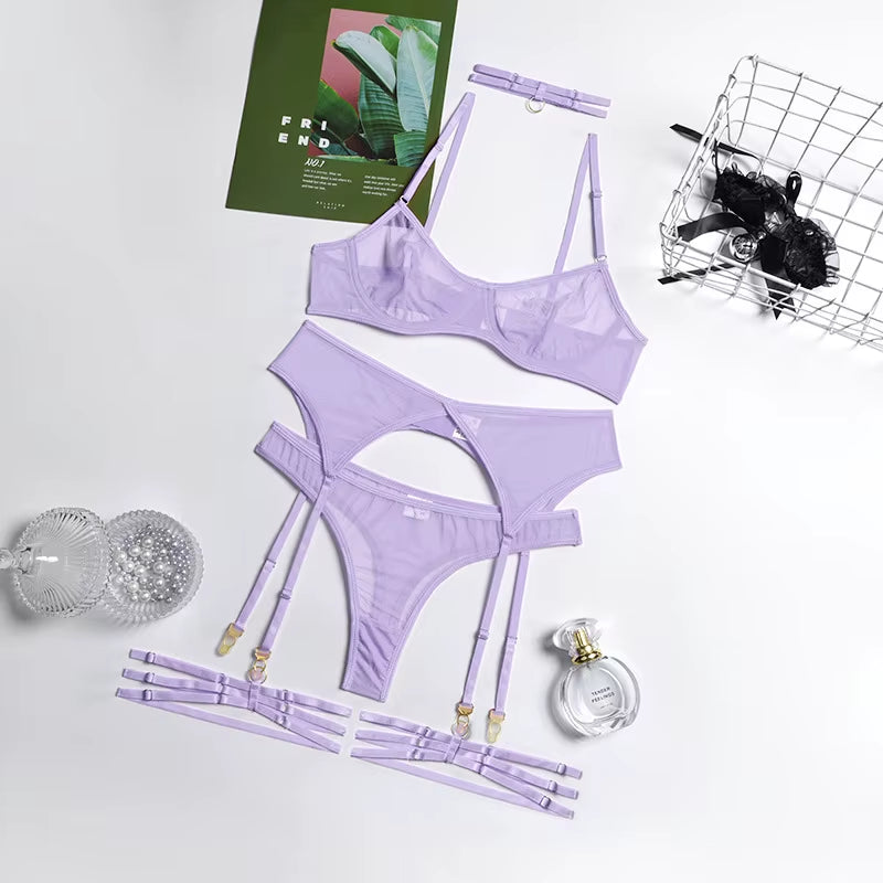 【4-Piece Lace Bra Set】8 Colors Transparent Mesh Panty Sexy Lingerie Set for Women - Soft & Stretchy Comfort | Perfect for Daily