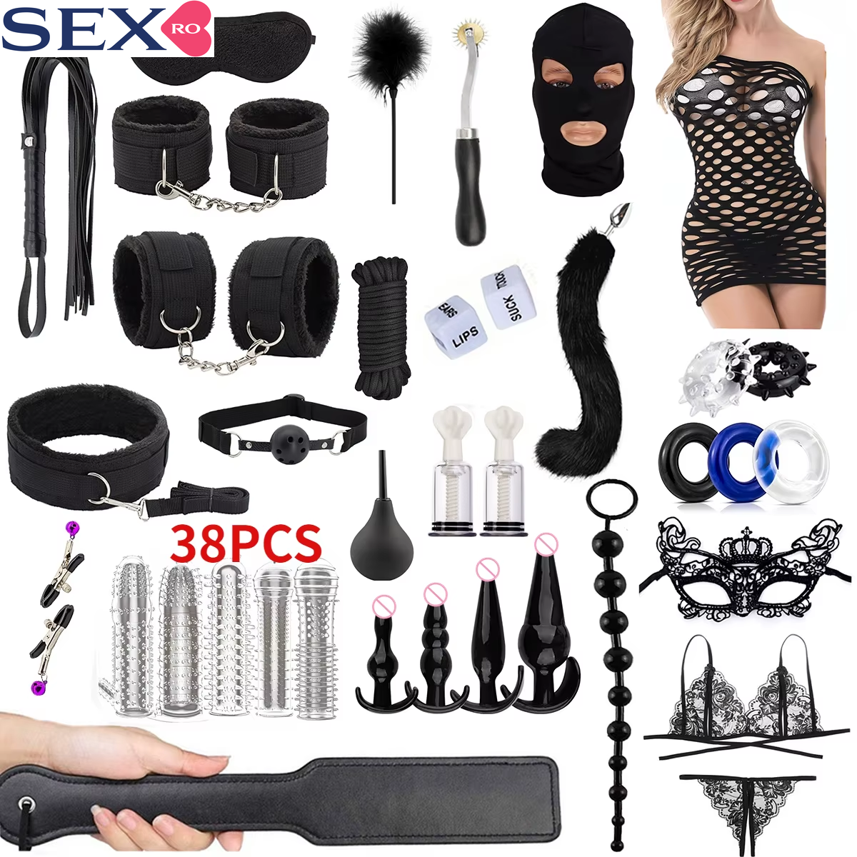 BDSM Sex Toy Vibrator Black Wolf Vibrator Handcuffs Whip Big Mouth Ball Tooth Nipple Pliers Anal Plug Tail Couple Sex Toy